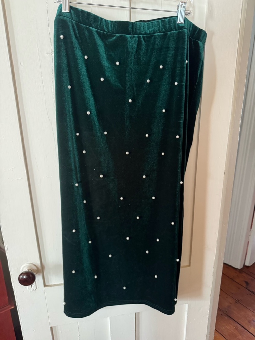 Emerald Green Velvet Skirt with Pearl Studs